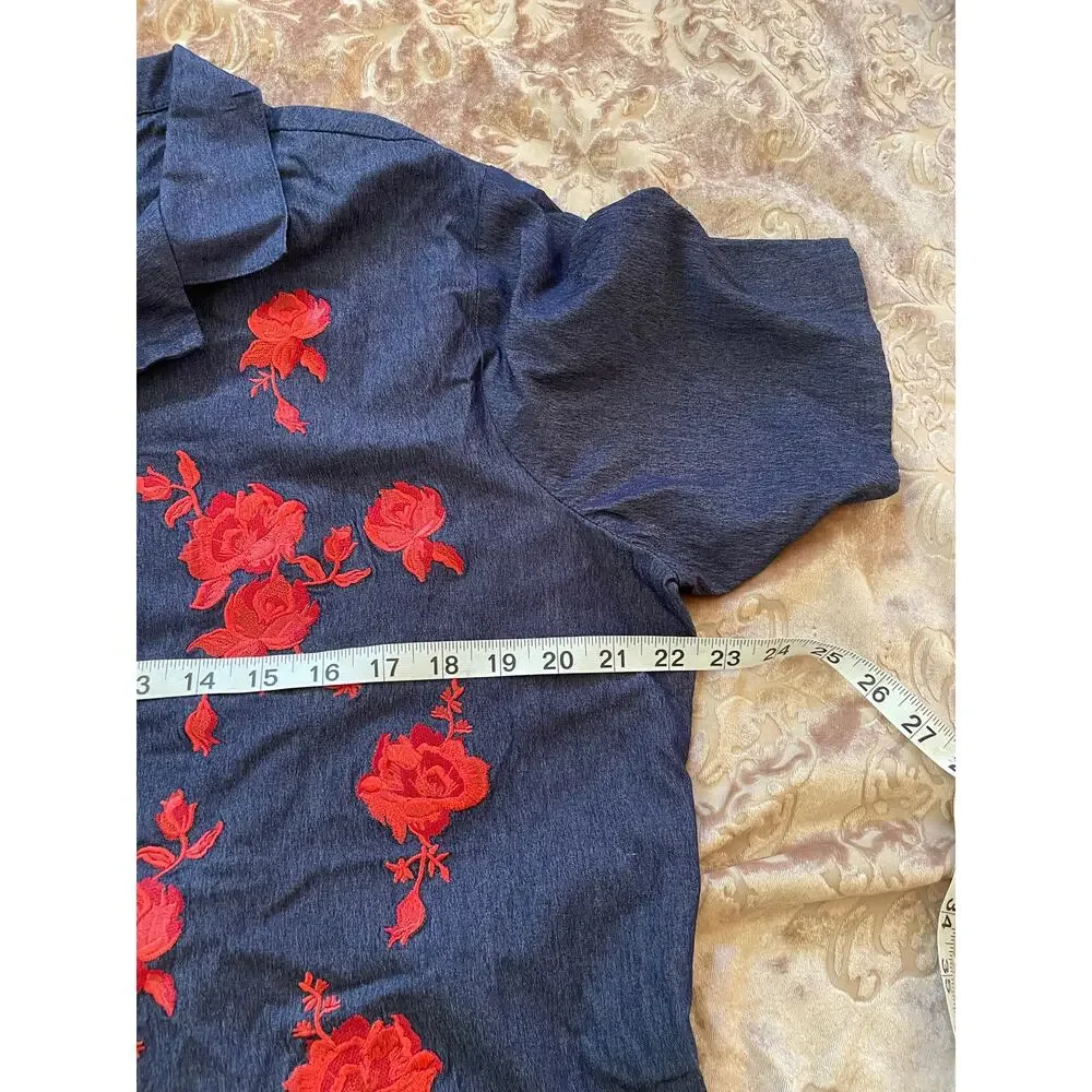 Vintage‎ 90s denim stretchy rose embroidered button up size xl